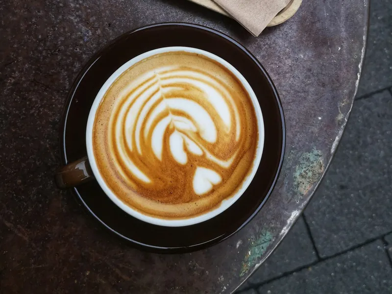 A flat white seen from above: a small white cup on a dark saucer, with glossy, thin microfoam and leaf-pattern latte art